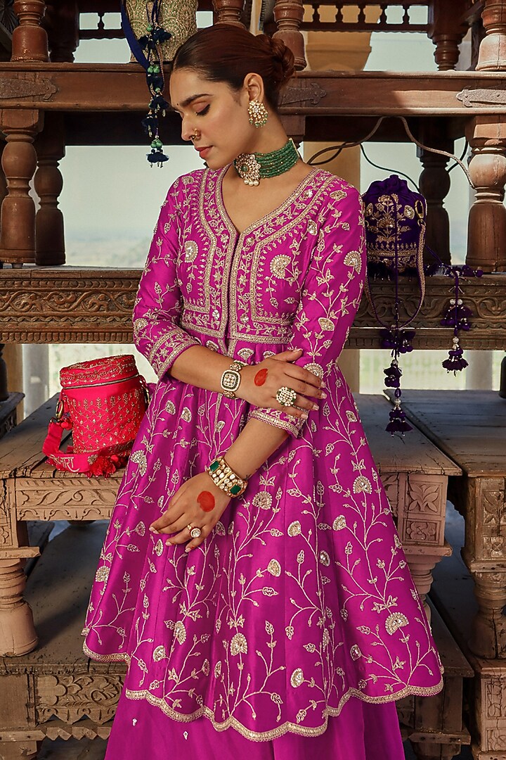Magenta Spun Silk Bridal Sharara Set by Surbhi Shah at Pernia's Pop Up Shop