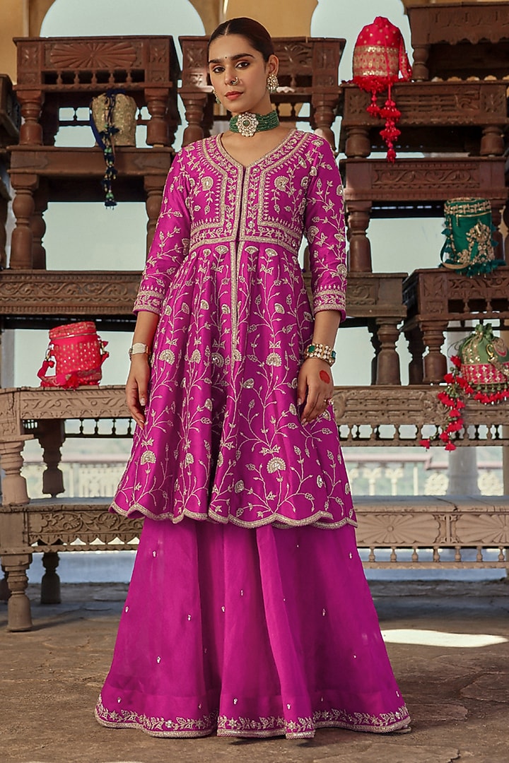 Magenta Spun Silk Bridal Sharara Set by Surbhi Shah at Pernia's Pop Up Shop