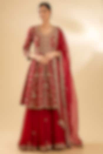 Deep Red Spun Silk & Organza Bridal Sharara Set by SURBHI SHAH at Pernia's Pop Up Shop