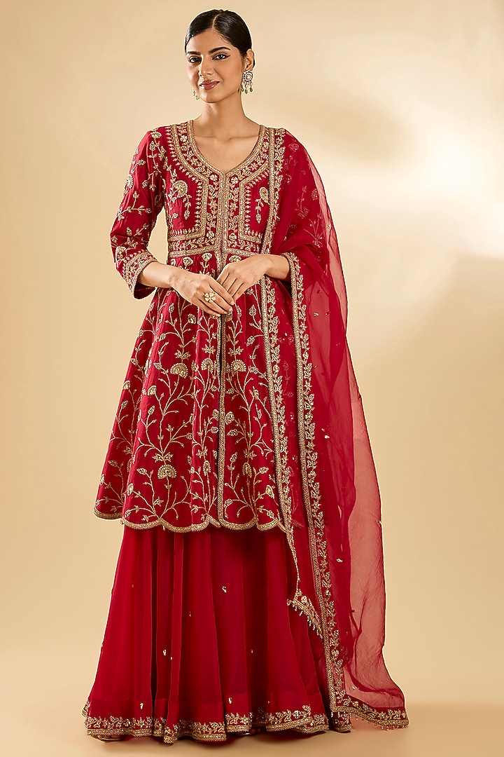 Deep Red Spun Silk & Organza Bridal Sharara Set by SURBHI SHAH at Pernia's Pop Up Shop