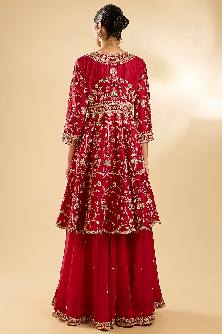 Deep Red Spun Silk & Organza Bridal Sharara Set by SURBHI SHAH at Pernia's Pop Up Shop