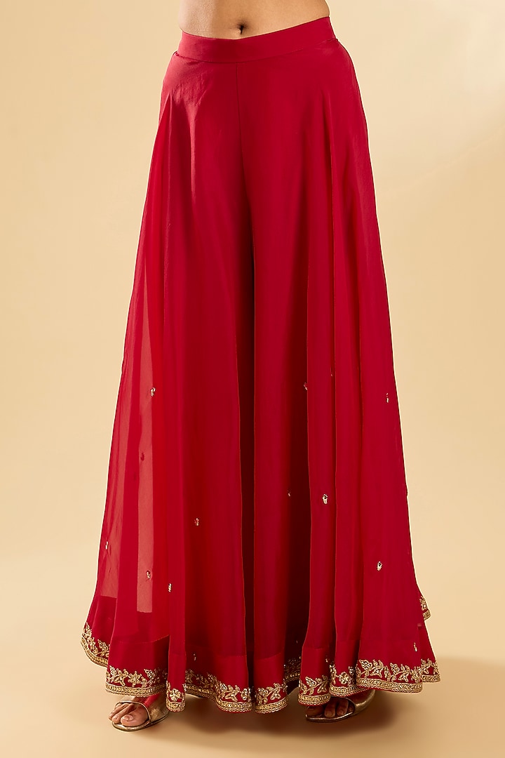 Deep Red Spun Silk & Organza Bridal Sharara Set by SURBHI SHAH at Pernia's Pop Up Shop