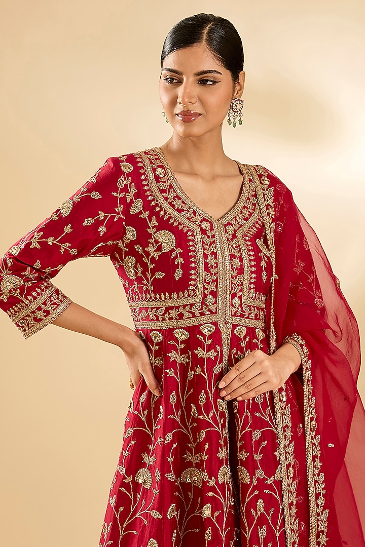 Deep Red Spun Silk & Organza Bridal Sharara Set by SURBHI SHAH at Pernia's Pop Up Shop
