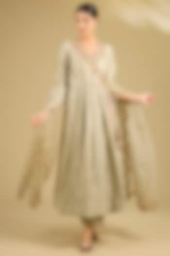 Pista Green Spun Silk Marori Work Angrakha Wedding Anarkali Set by SURBHI SHAH at Pernia's Pop Up Shop