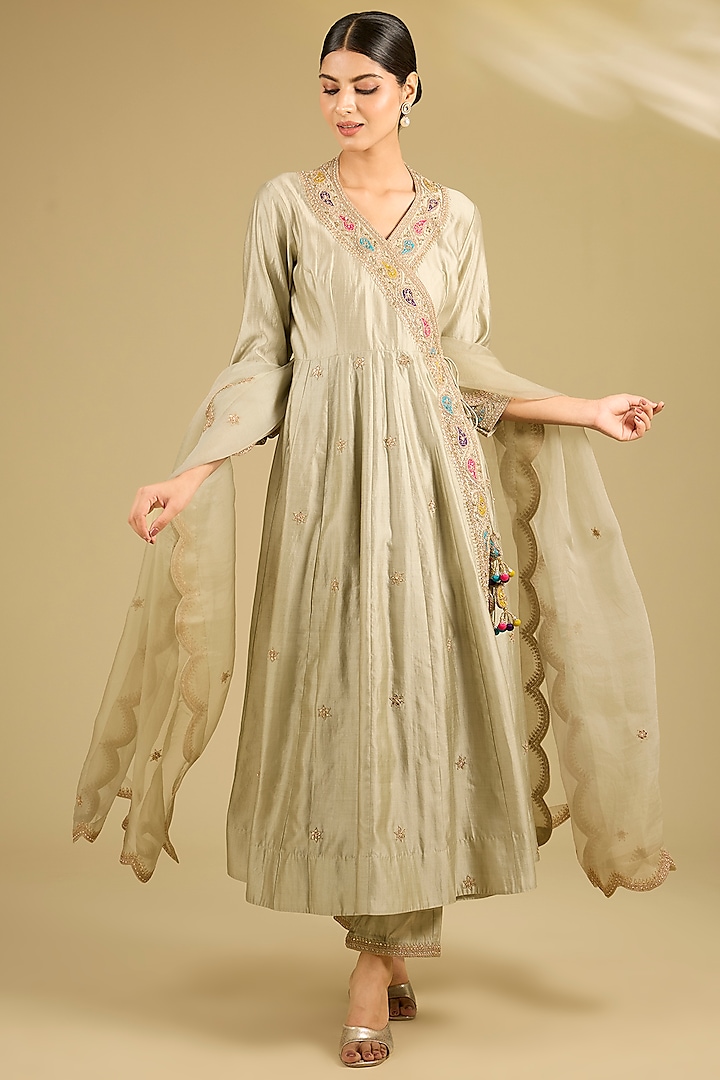 Pista Green Spun Silk Marori Work Angrakha Wedding Anarkali Set by SURBHI SHAH at Pernia's Pop Up Shop