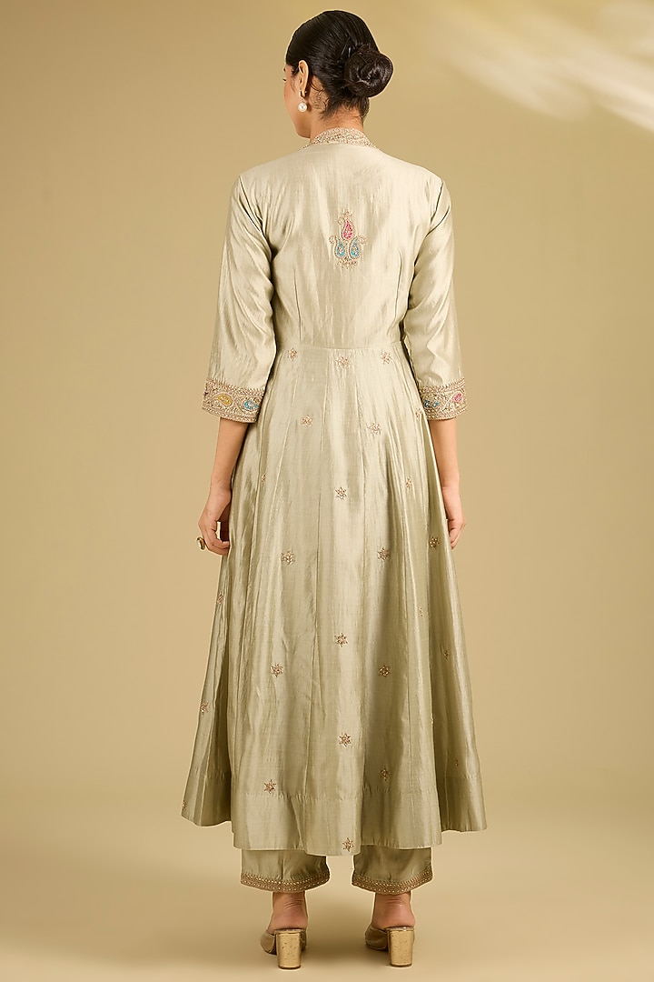 Pista Green Spun Silk Marori Work Angrakha Wedding Anarkali Set by SURBHI SHAH at Pernia's Pop Up Shop