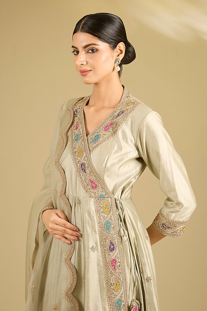 Pista Green Spun Silk Marori Work Angrakha Wedding Anarkali Set by SURBHI SHAH at Pernia's Pop Up Shop