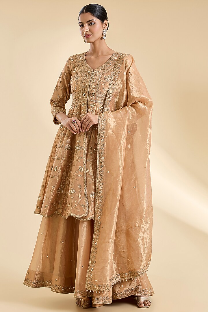 Gold Tissue Bridal Sharara Set by SURBHI SHAH at Pernia's Pop Up Shop