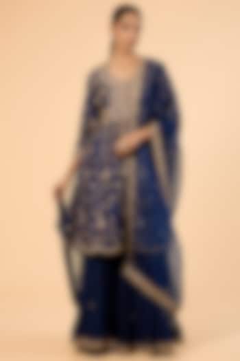 Navy Blue Spun Silk & Organza Embroidered Bridal Sharara Set by SURBHI SHAH at Pernia's Pop Up Shop