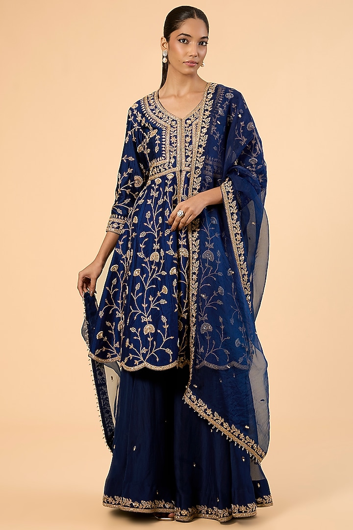 Navy Blue Spun Silk & Organza Embroidered Bridal Sharara Set by SURBHI SHAH at Pernia's Pop Up Shop