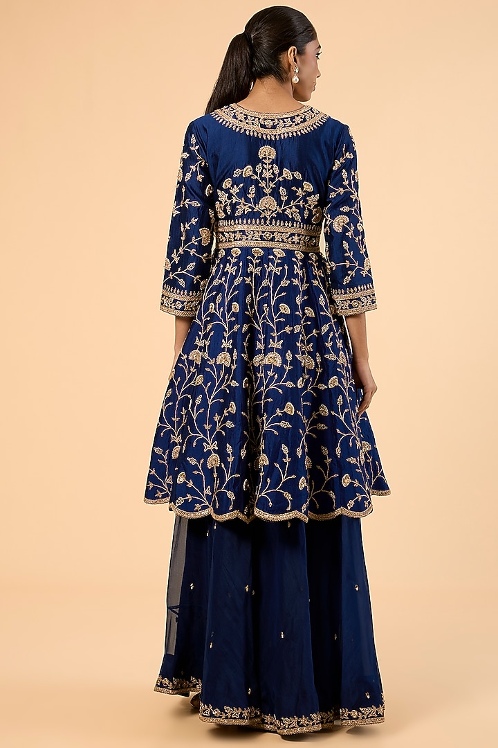 Navy Blue Spun Silk & Organza Embroidered Bridal Sharara Set by SURBHI SHAH at Pernia's Pop Up Shop