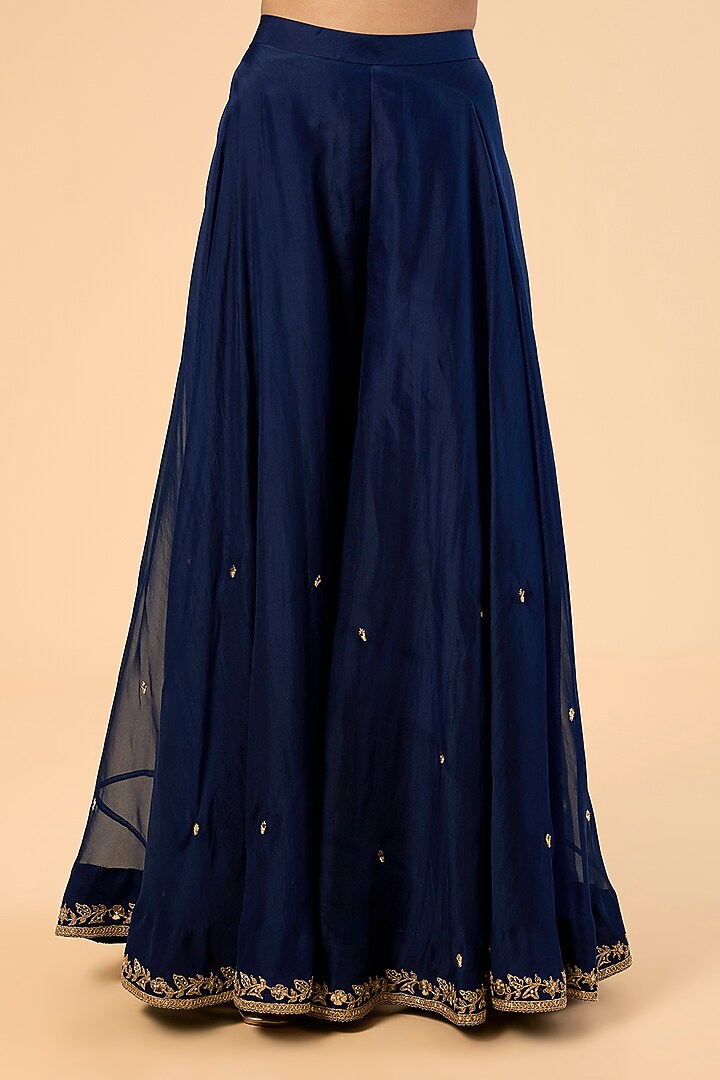 Navy Blue Spun Silk & Organza Embroidered Bridal Sharara Set by SURBHI SHAH at Pernia's Pop Up Shop