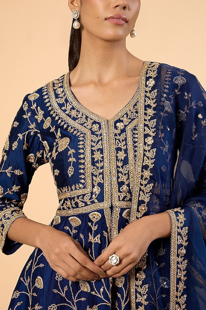 Navy Blue Spun Silk & Organza Embroidered Bridal Sharara Set by SURBHI SHAH at Pernia's Pop Up Shop