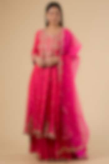 Strawberry Red Spun Silk & Kora Silk Marori Work Bridal Anarkali Set by SURBHI SHAH at Pernia's Pop Up Shop