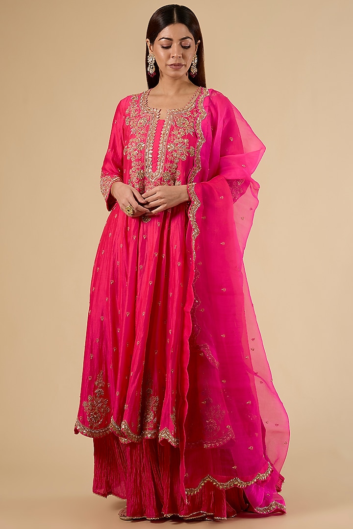Strawberry Red Spun Silk & Kora Silk Marori Work Bridal Anarkali Set by SURBHI SHAH at Pernia's Pop Up Shop