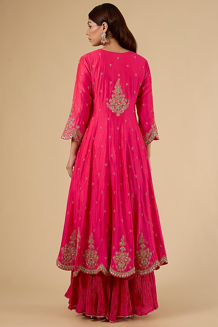 Strawberry Red Spun Silk & Kora Silk Marori Work Bridal Anarkali Set by SURBHI SHAH at Pernia's Pop Up Shop