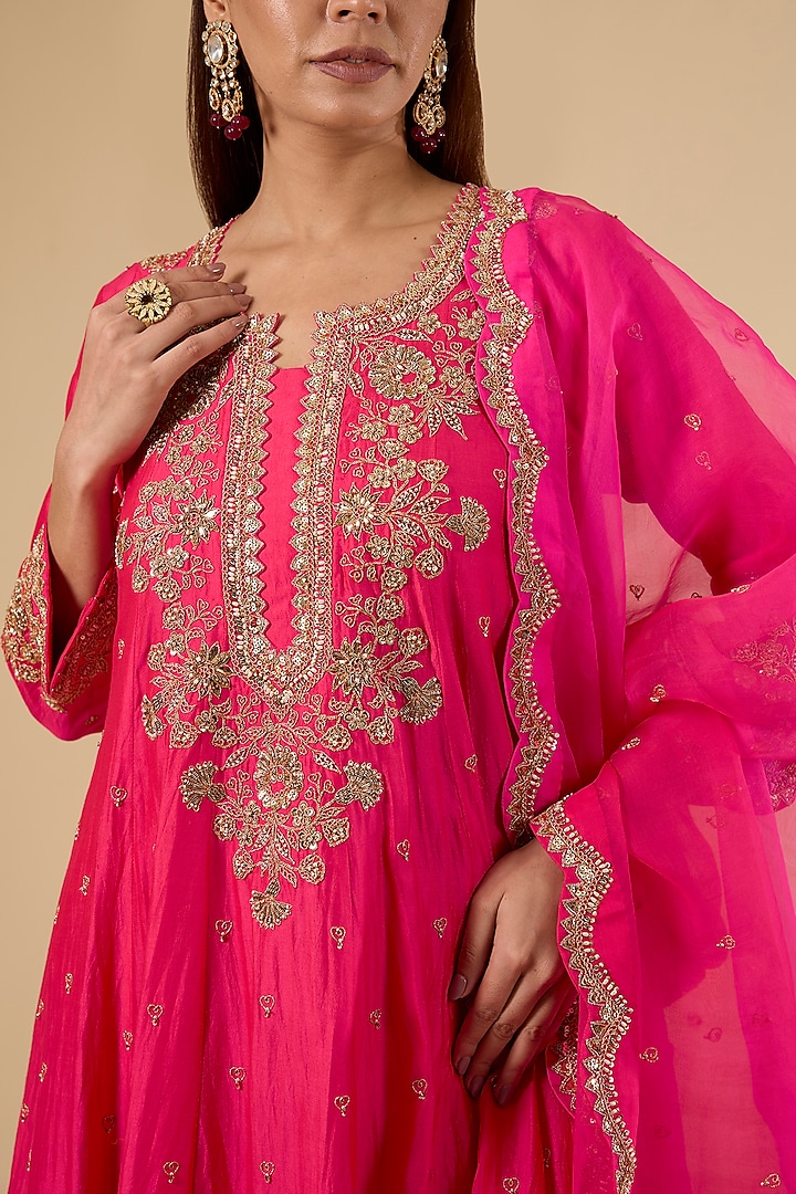 Strawberry Red Spun Silk & Kora Silk Marori Work Bridal Anarkali Set by SURBHI SHAH at Pernia's Pop Up Shop