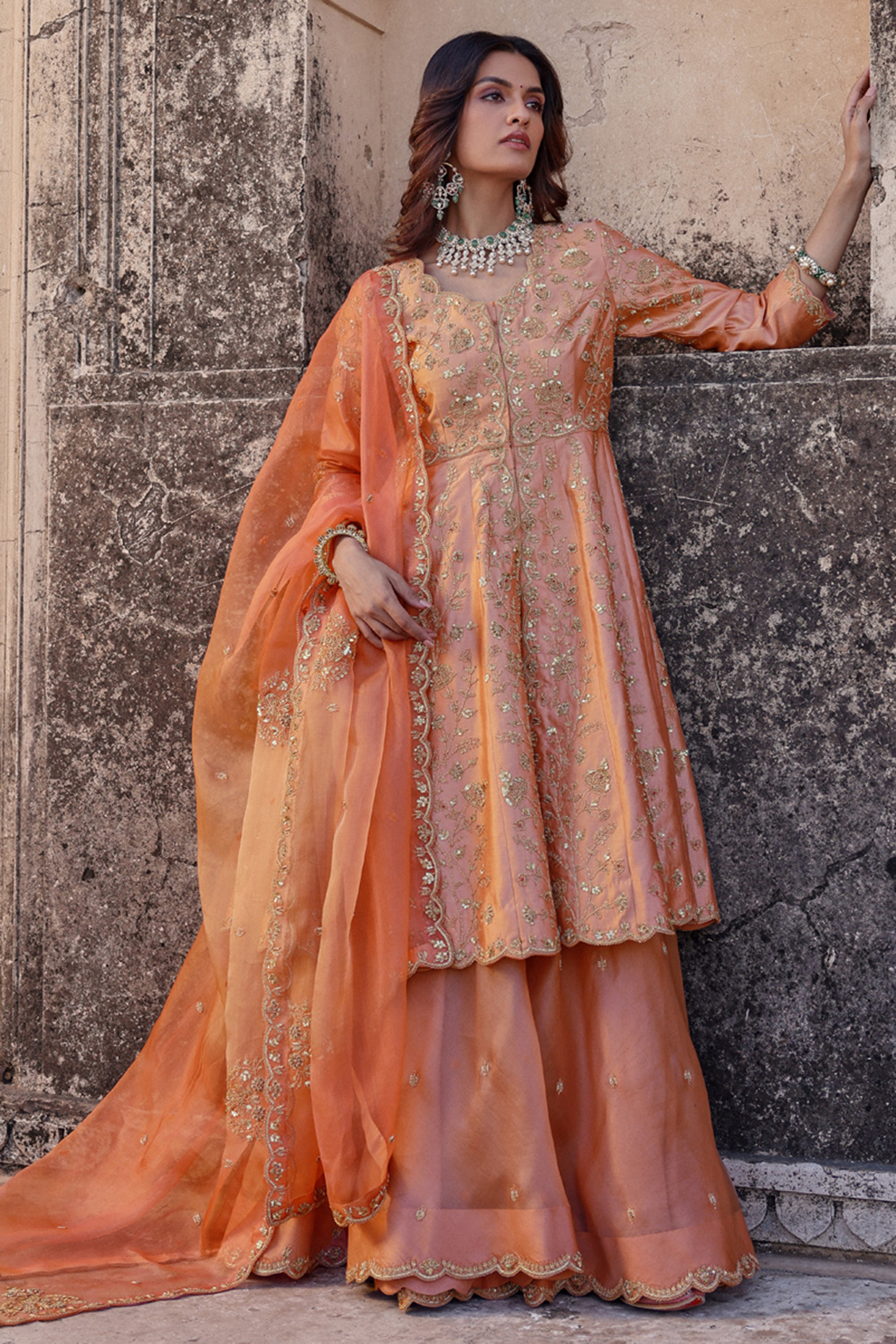 Old Rose Spun Silk Sequins Work Bridal Sharara Set by SURBHI SHAH at Pernia's Pop Up Shop