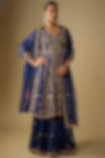 Navy Blue Spun Silk Sequins Embroidered Peplum Kurta Set by SURBHI SHAH at Pernia's Pop Up Shop