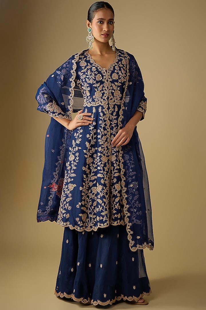 Navy Blue Spun Silk Sequins Embroidered Peplum Kurta Set by SURBHI SHAH at Pernia's Pop Up Shop