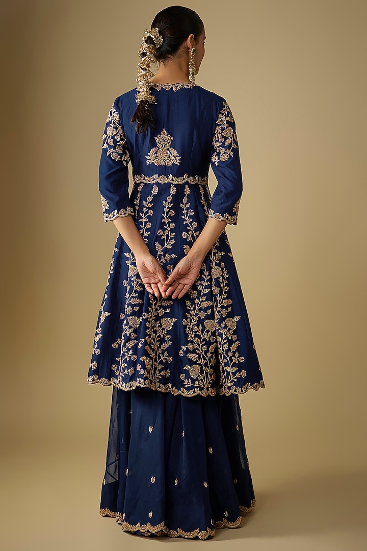 Navy Blue Spun Silk Sequins Embroidered Peplum Kurta Set by SURBHI SHAH at Pernia's Pop Up Shop