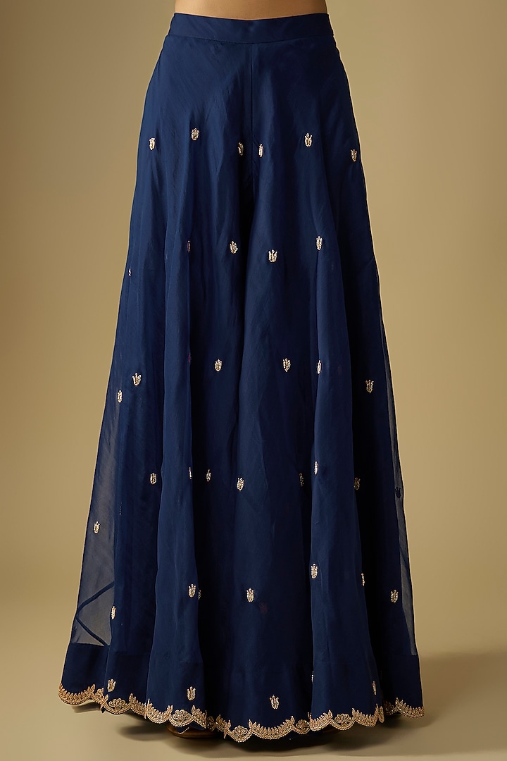 Navy Blue Spun Silk Sequins Embroidered Peplum Kurta Set by SURBHI SHAH at Pernia's Pop Up Shop
