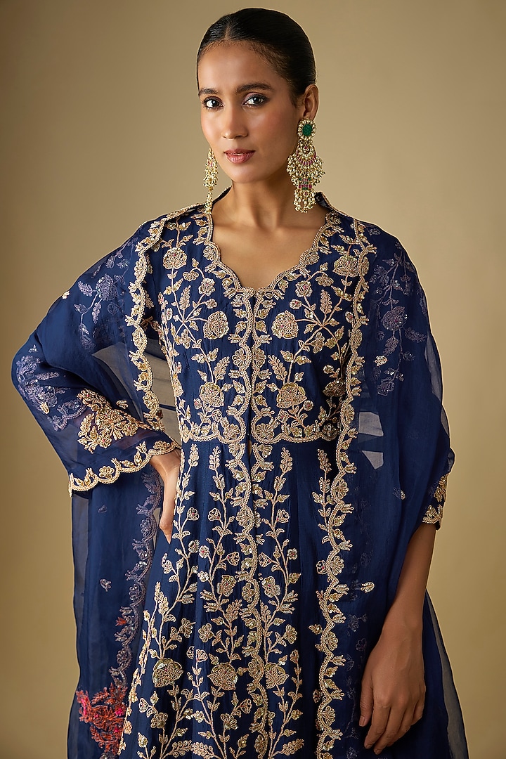 Navy Blue Spun Silk Sequins Embroidered Peplum Kurta Set by SURBHI SHAH at Pernia's Pop Up Shop