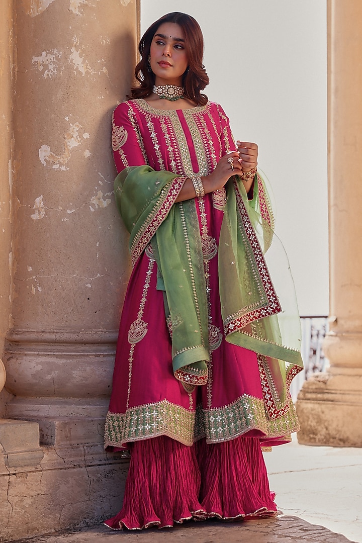 Berry Magenta Spun Silk Marori Work Kurta Set by Surbhi Shah at Pernia's Pop Up Shop