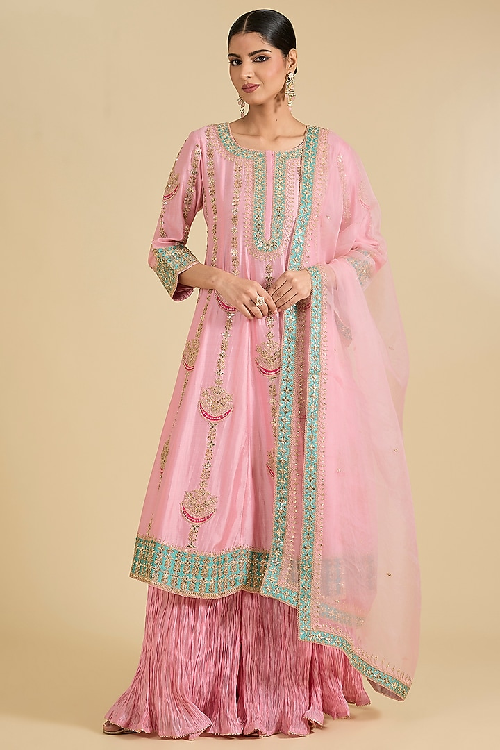 Baby Pink Spun Silk & Kora Silk Marori Work Bridal Anarkali Set by Surbhi Shah at Pernia's Pop Up Shop