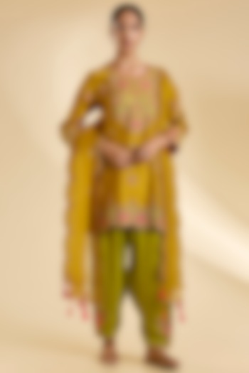 Mustard Spun Silk Marori Work Kurta Set by SURBHI SHAH at Pernia's Pop Up Shop