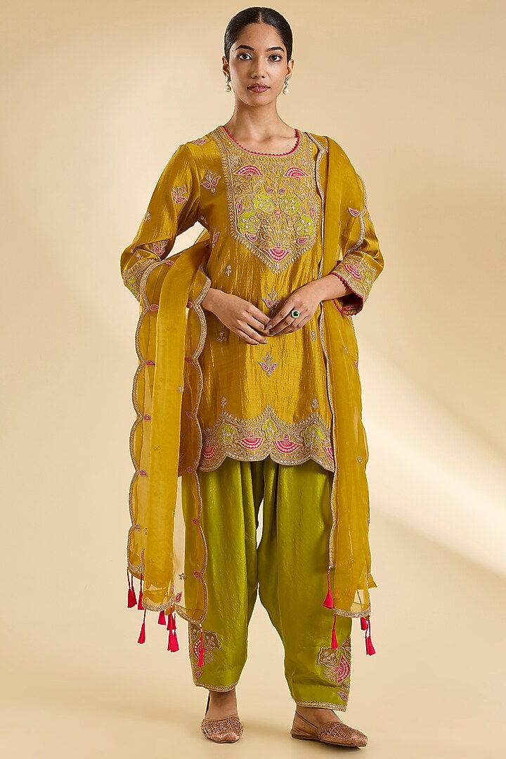 Mustard Spun Silk Marori Work Kurta Set by SURBHI SHAH at Pernia's Pop Up Shop