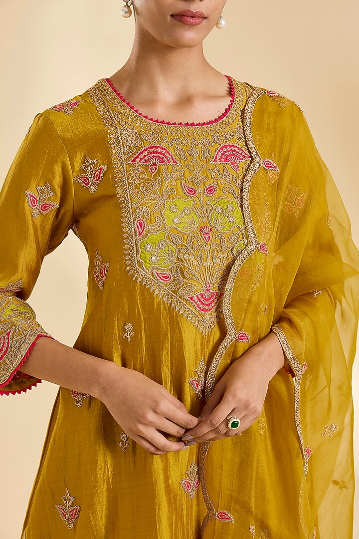 Mustard Spun Silk Marori Work Kurta Set by SURBHI SHAH at Pernia's Pop Up Shop