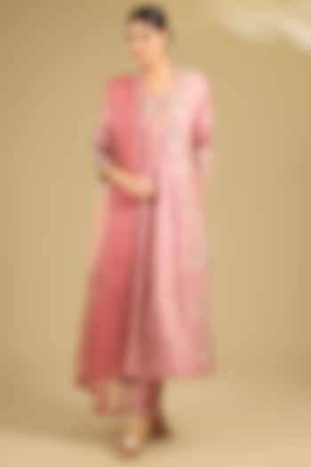 Rose Gold Spun Silk Sequins Work Angrakha Wedding Anarkali Set by SURBHI SHAH at Pernia's Pop Up Shop