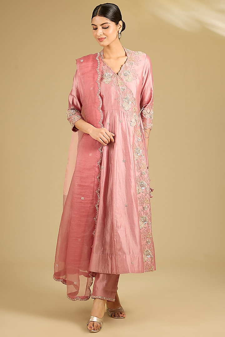 Rose Gold Spun Silk Sequins Work Angrakha Wedding Anarkali Set by SURBHI SHAH at Pernia's Pop Up Shop