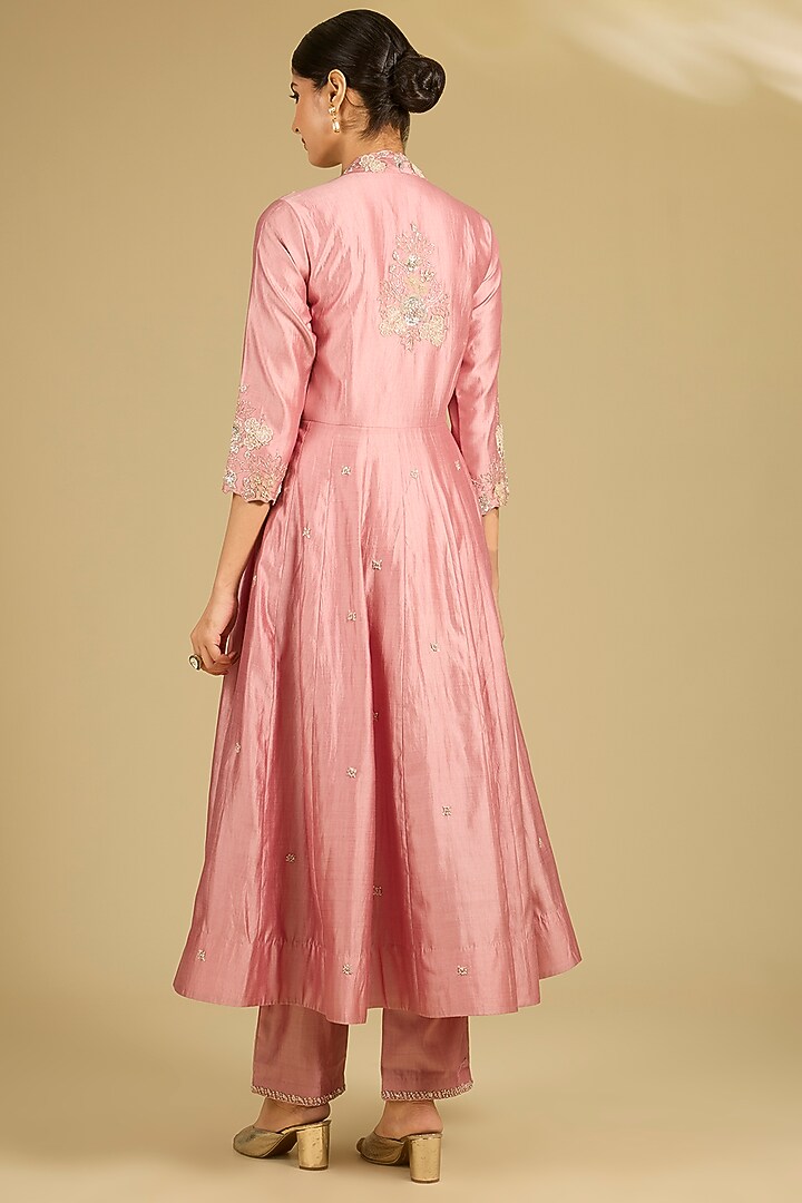 Rose Gold Spun Silk Sequins Work Angrakha Wedding Anarkali Set by SURBHI SHAH at Pernia's Pop Up Shop