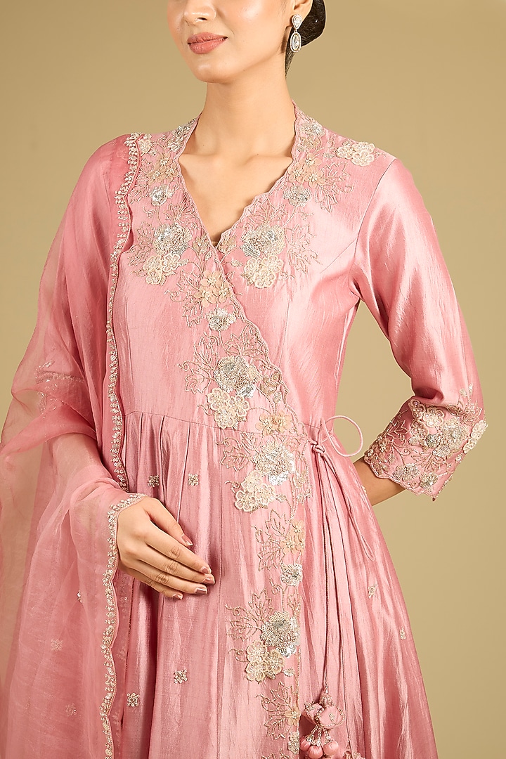 Rose Gold Spun Silk Sequins Work Angrakha Wedding Anarkali Set by SURBHI SHAH at Pernia's Pop Up Shop