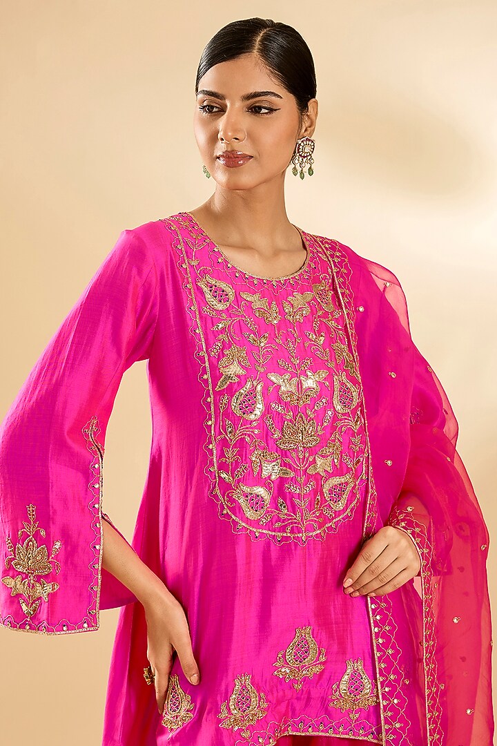 Hot Pink Spun Silk Sequin Work Wedding Sharara Set by SURBHI SHAH at Pernia's Pop Up Shop