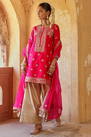 Strawberry Red Spun Silk Marori Work Kurta Set by Surbhi Shah