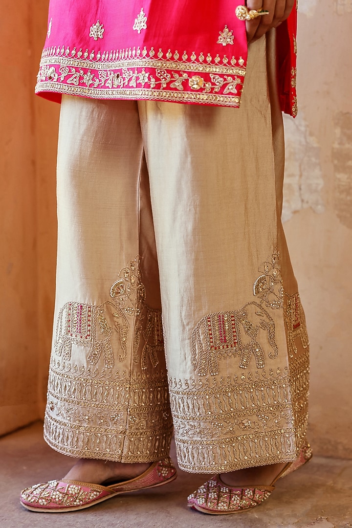 Strawberry Red Spun Silk Marori Work Kurta Set by Surbhi Shah at Pernia's Pop Up Shop