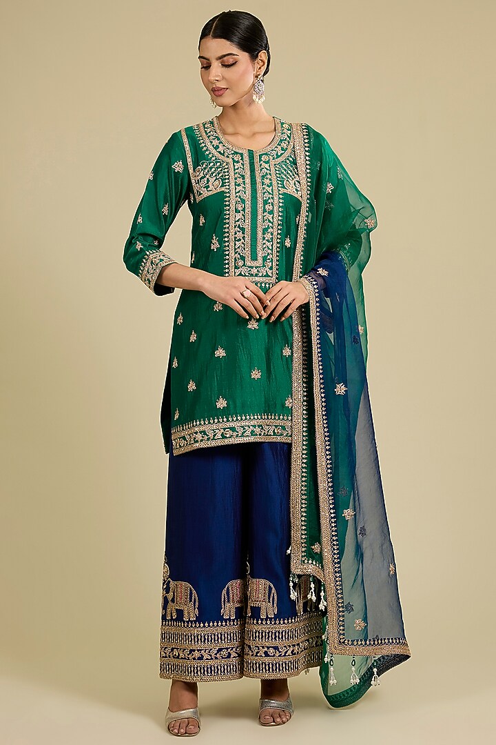 Emerald Green Spun Silk Gota & Marori Work Kurta Set by SURBHI SHAH at Pernia's Pop Up Shop