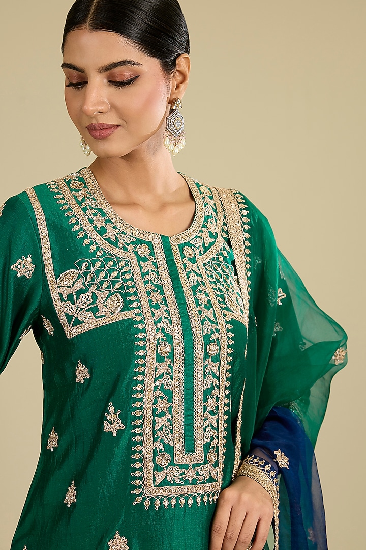 Emerald Green Spun Silk Gota & Marori Work Kurta Set by SURBHI SHAH at Pernia's Pop Up Shop