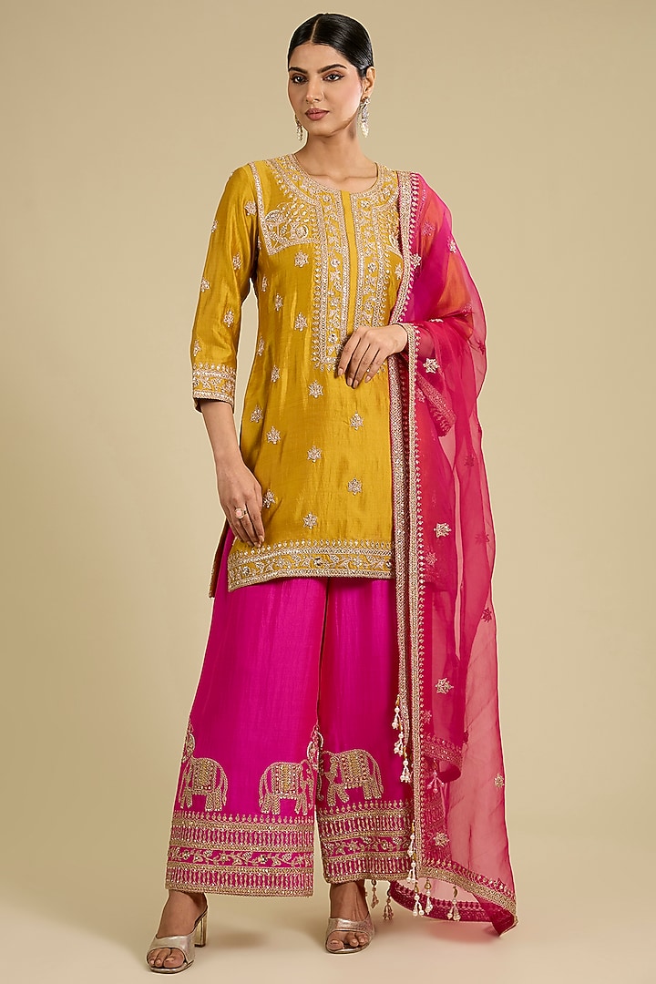 Mustard Spun Silk Gota & Marori Work Kurta Set by SURBHI SHAH at Pernia's Pop Up Shop