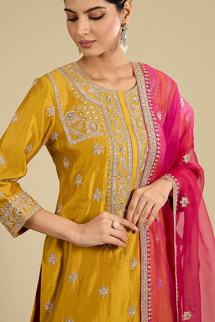 Mustard Spun Silk Gota & Marori Work Kurta Set by SURBHI SHAH at Pernia's Pop Up Shop