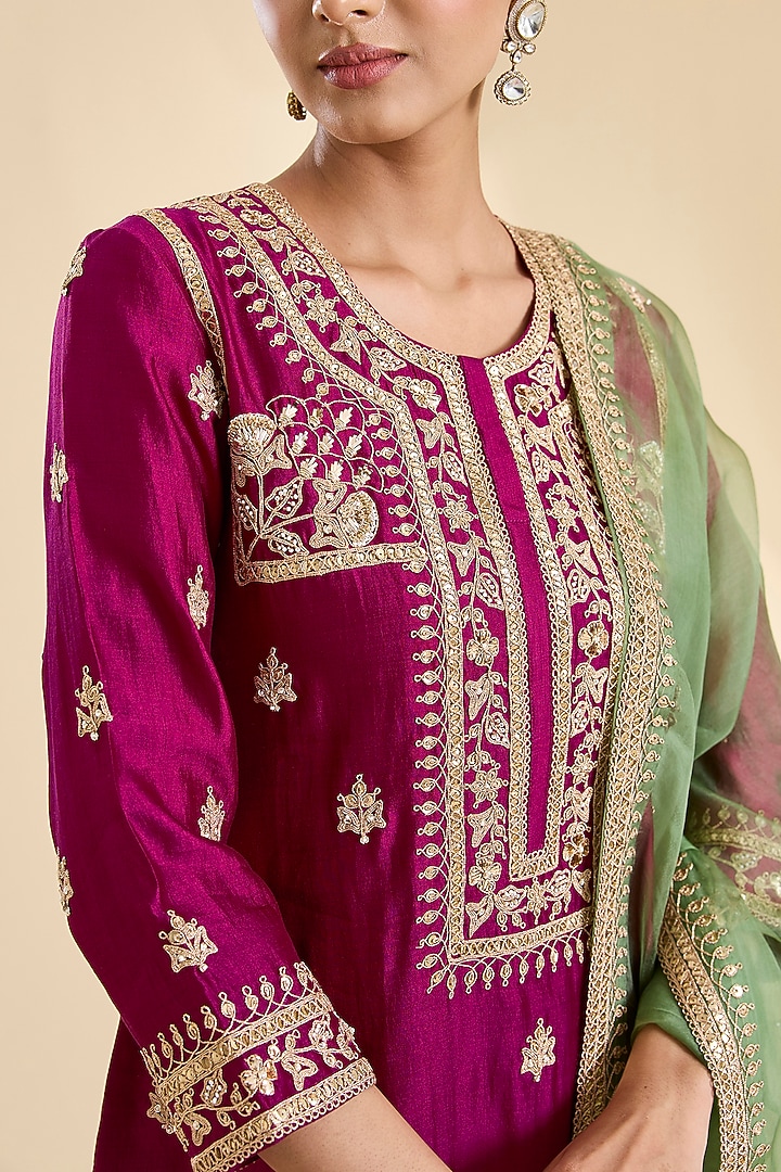 Berry Magenta Spun Silk Gota Cheed Work Kurta Set by SURBHI SHAH at Pernia's Pop Up Shop