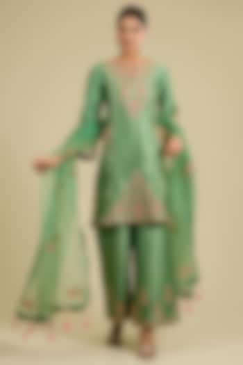 Sage Green Spun Silk Marori & Patch Work Kurta Set by SURBHI SHAH at Pernia's Pop Up Shop