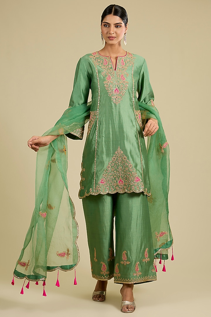 Sage Green Spun Silk Marori & Patch Work Kurta Set by SURBHI SHAH at Pernia's Pop Up Shop