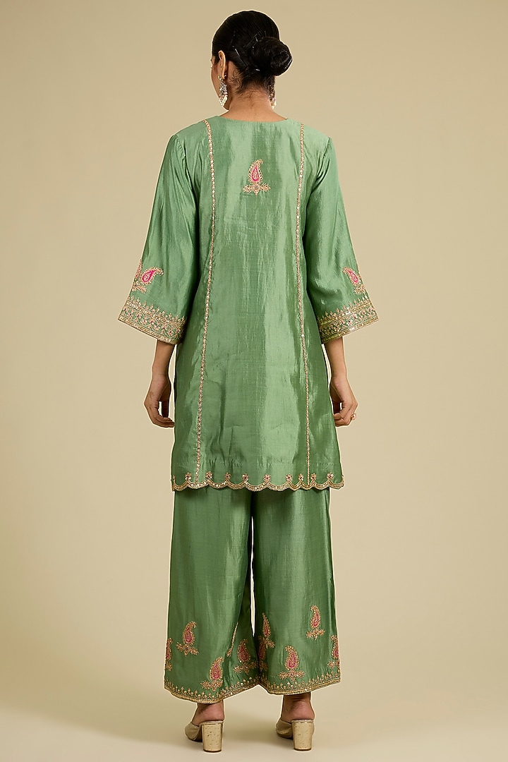 Sage Green Spun Silk Marori & Patch Work Kurta Set by SURBHI SHAH at Pernia's Pop Up Shop