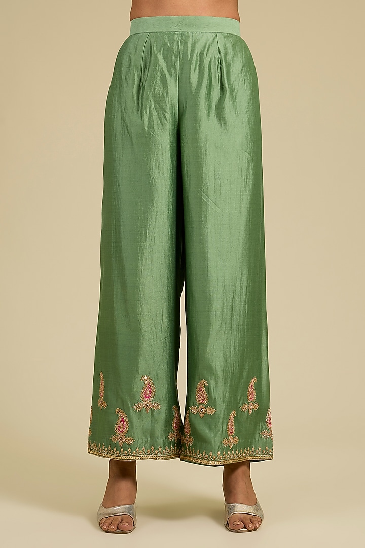 Sage Green Spun Silk Marori & Patch Work Kurta Set by SURBHI SHAH at Pernia's Pop Up Shop