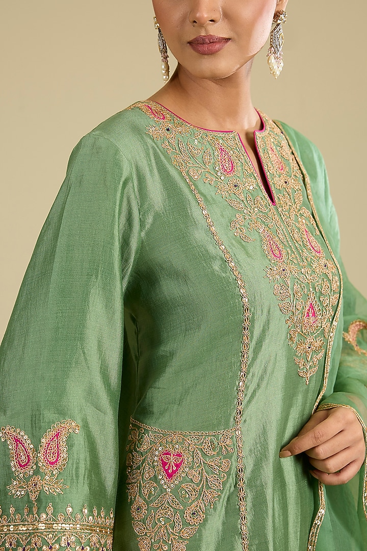 Sage Green Spun Silk Marori & Patch Work Kurta Set by SURBHI SHAH at Pernia's Pop Up Shop