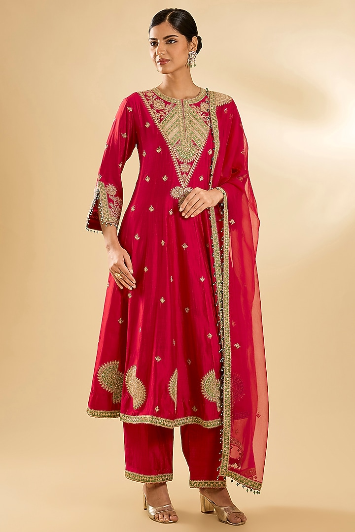 Deep Red Spun Silk Zardosi Work Wedding Anarkali Set by SURBHI SHAH at Pernia's Pop Up Shop